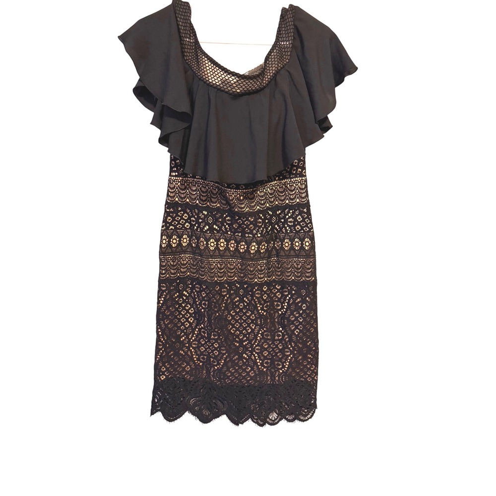 Tadashi Shoji Black gothic Corded Lace Ruffle Off Shoulder Cocktail Dress 6